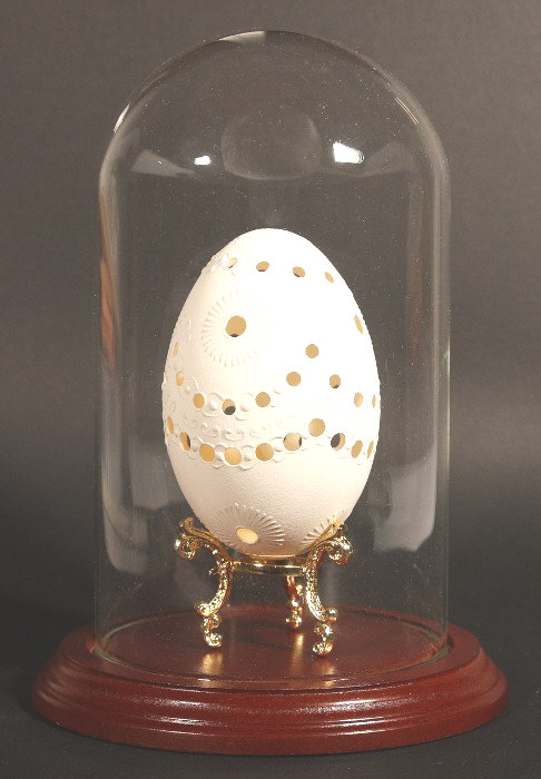 Decorated egg shell : Elegant glass dome and wood base